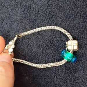 EUC 925 stamped sterling silver Pandora charm bracelet blue green glass bow box